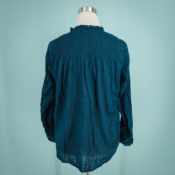 Point Sur Size 4 Blue Swiss Dot Textured Ruffle Button Popover Long Sleeve Top - Picture 2 of 6